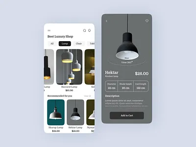Lamp E-commerce Mobile App app clean design ecommerce ecommerce app ecommerce shop furniture ios lamp lightning luxury mobile mobile design mobile ui modern shop shopping app store trend ui design