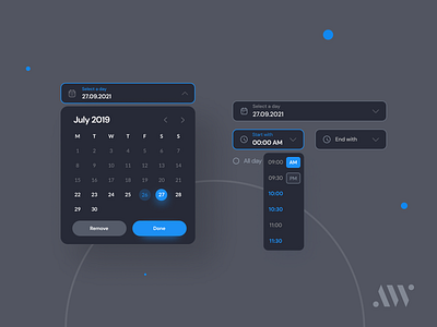 Day & Time Picker - Dark Mode | Anywhere DS anywhereworks calendar calendar design calendar ui clean components dark dark mode date date picker datepicker design system events interface product design schedule time timepicker ui ux