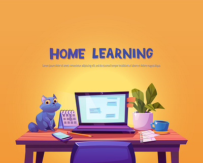 Learning online at home. cartoon cat concept home illustration learning vector иллюстрация