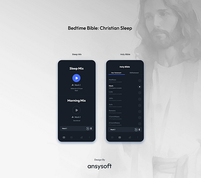 The mobile app named "Bedtime Bible" designed by Ansysoft. adobeillustrator audiobible bedtimebibleapp biblereadings biblestories calm christianapp christianmeditation goodnight meditation mobileapp peacefulsleep prayer relaxing restfulsleep sleepbetter sleepmeditation sleepsounds spiritualsleep stressrelief