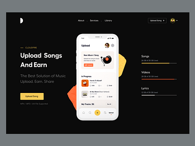 Web UI app black clean dark theme dark website design header landing page library music app product design typography ui ui kit ui ux upload song user experience ux web ui website