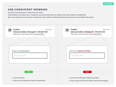 Use consistent wording accessibility amazon best practice content delivery disability do dont ux e commerce e shop email field goods label livraison package tracking ups ux content ux process wording