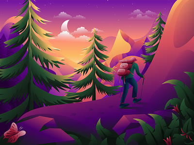 Explorer's Walking Tour. adventure art print climb design environment explore forest illustration landscape illustration meditation mountain mountaineering nature nft outdoor sleep aid illustration travel wallpaper web