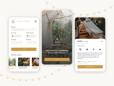 Glamping Application app application boho booking branding brown concept design forest glamping mobile mobiledesign natural tent ui ux