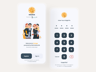 Orange - Mobile app screens android app appdesign clean design flat graphic design home ios login minimal mobile modern orange pin pincode register simple ui ux