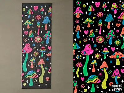 Rainbow Mushrooms Yoga Mat at Urban Outfitters 60s 70s design drawing hippie illustration mushroom mushrooms pattern print psychedelic rainbow surface pattern urban outfitters vintage yoga