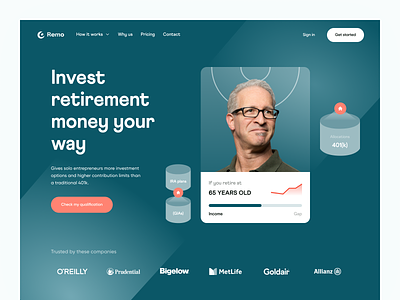 Remo | Investment Option for Retiree: Hero section clean finance fintech hero hero section homepage invest money investment investment for retiree investment landing page investments landing page design ui user interface visual identity web app web design