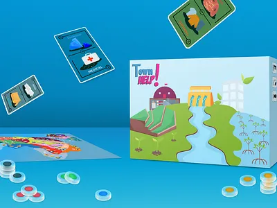 Town Help! Boardgame Mockup art boardgame box card cardgame coin design flat game gameart gamedesign illustration illustrator mockup print design skeuomorphism