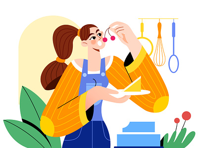 Happy Leisure - 1 cake character chef cook cooking eat flat food girl happy home illustration life minimal mother plant vector woman