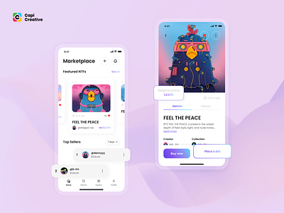 BeeNFTs - Mobile App Concept app blockchain capi creative marketplace mobile mobileapp nft nfts penguin purple trading trending ui