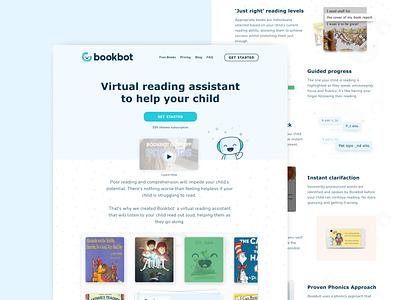 Bookbot / Reading AI Bot Website ai character children children books design dyslexia education friendly interface marketing playful reading robot startup ui ux web website