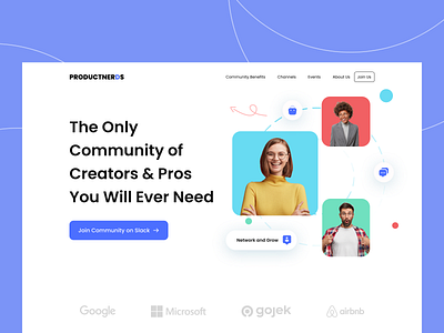 Product Nerds - Landing Page Header Design for Slack Community avatar clean coloristy community page design desktop header design homepage human landing landing page modern product page ui product page ux slack community typography ui ux web design website design