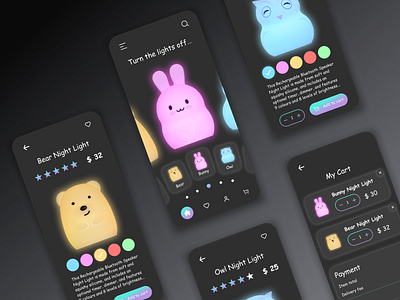 Night Lights Shop App android clear ui cute dark dark mobile dark mode dark theme design interior ios kids light mobile app mobile app design neon night online shop shop shop app ui