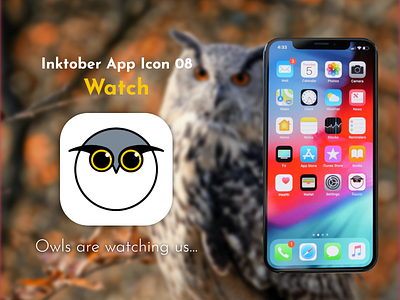 Inktober App Icon 08 - Watch adobe xd app app icon apple pen challenge design graphic design icon illustration inktober inktober2021 ipad logo owl owls procreate ui ux watch watching