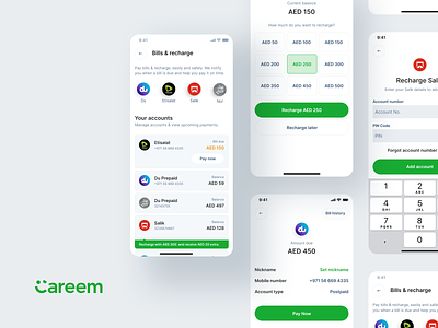 Careem - Bills & recharge bank bills card careem fintech green ios middle east mobile bank mobile dashboard mobile design mobile fintech mobile form pay payment postpaid prepaid recharge super app