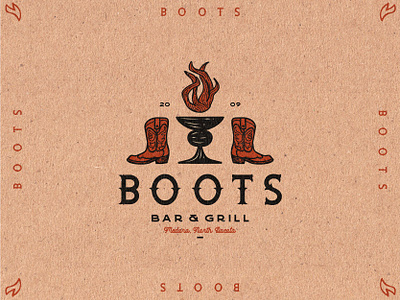 Boots Bar & Grill bar biker black boots branding cowboy creative flame graphic design grill illustration illustrator logo logo design red restaurant southern vector vintage western