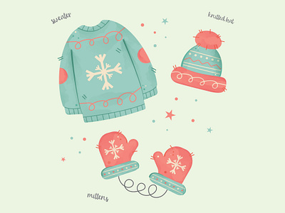 CUTE WINTER CLOTHES clothes cute design graphic design hat holiday illustration mittens old retro sweater vector vintage