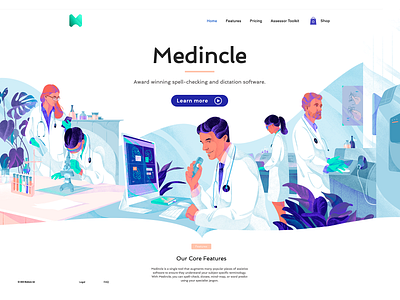 The illustration for the www.medincle.com (part 1) blue character design download freebies header hero illustration ios laptops logo medicine noise science team teamwork ui web