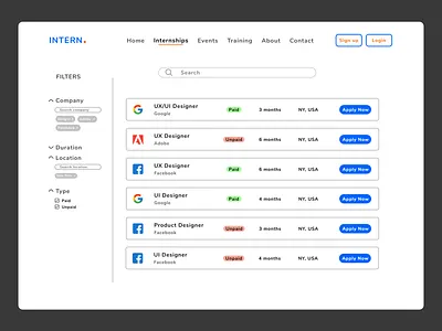 Internship search page adobe facebook google internship internship searh ui design web web page website