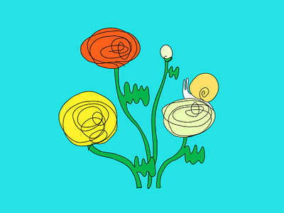 Ranunculus animal colorful daily drawing field flower flowers illustration minimal minimalistic nature orange plant plants ranunculus snail turquoise vector yellow