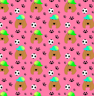 A seamless pattern with spaniel dogs and soccer balls animal cartoon character children dog graphic design illustration pink background print seamless pattern spaniel dog template texture toy vector wallpaper