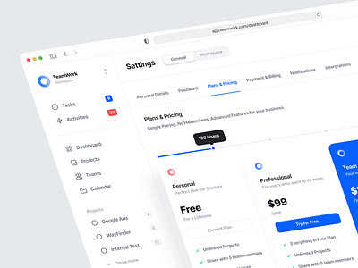 TeamWork — Dashboard Pricing Page app calendar clean dashboard design interface minimal payment pricing pricing plan pricing table saas subscription task task app task management ui uiux ux web app