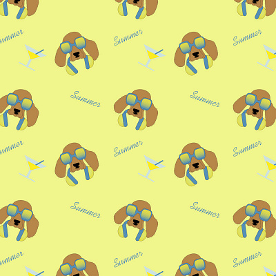 A pattern with spaniel dogs in sunglasses and headphones animal blue cartoon character children dog graphic design headphones illustration print seamless pattern spaniel dog sunglasses template toy vector wallpaper yellow