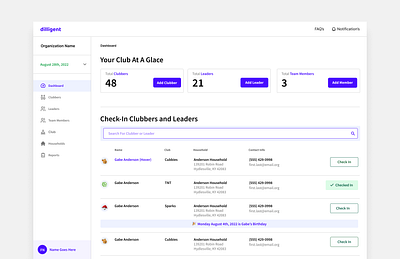 Dilligent Dashboard admin awana check in checkin club clubbers dashboard home profile register volunteer wireframe