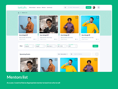 Mentors list & Profiles book card filter gride list mentor profile search ui design web