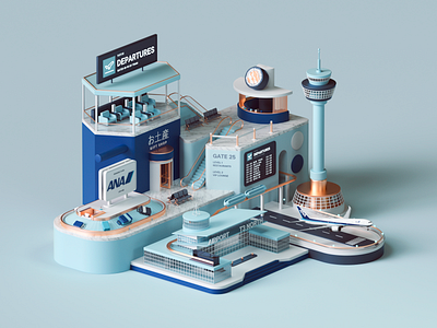 All Nippon Airways - Airport 3d 3dart abstract airplane airport branding c4d cinema4d colors design illustration isometric modern octane petertarka render style ui web