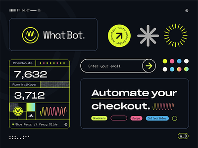 WhatBot Brand ID abstract agency aio automation bot brand branding checkout icon iconography logo logomark logotype minimal shopping smiley startup studio typography ui