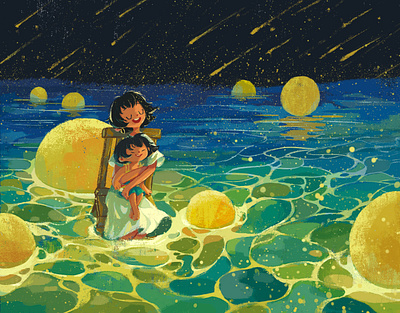 Singing the Sea girl illustration light moon night sea singing