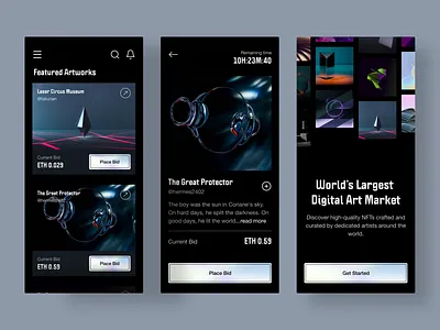 NFT Marketplace Mobile App app bitcoin clean ui crypto dark defi design eth ethereum holographic interface marketplace minimal mobile modern morva nft nft art uiux whitespace