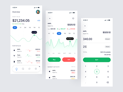 Investa - Stock Market App app appdesign chart clean clean design crypto invest ios minimal mobile money statistic stock stock app stock market stocks ui ux