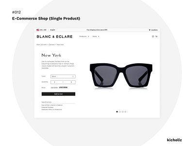 DailyUI #012 - E-Commerce Shop (Single Product) accessories add to cart black clean dailyui design desktop ecommerce eyewear fashion jessica kpop modern monochrome price single product specifications sunglasses white