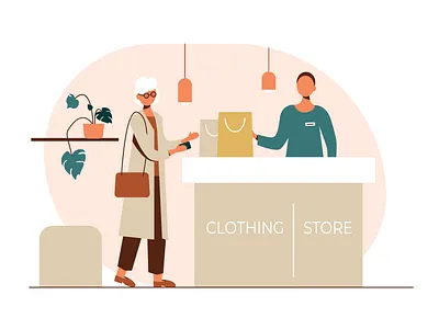 clothing store adobe illustrator character clothing fashion flat illustration leaves minimal money pay people shop store style vector woman