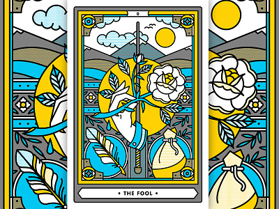 The Fool bag card feather floral fool halftone illustration monoline mountain rose tarot the fool wand
