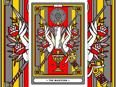 The Magician candle card cup goblet halftone hand illustration magic monoline pentacle rose star sword tarot the magician wand