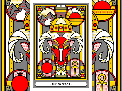 The Emperor ankh crown halftone illustration monoline mountains pomegranate pop art ram river sunset tarot card the emperor