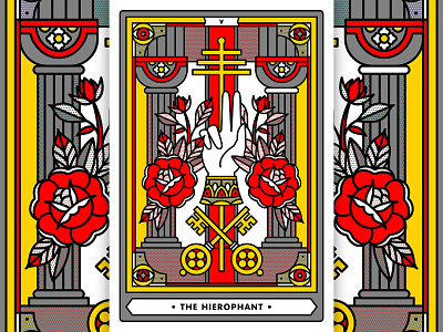 The Hierophant blessing columns enlightenment halftone hands illustration keys monoline pop art rose tarot card the hierophant