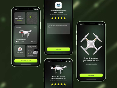 Interface for using drone while renting through the mobile app animation app cards catalog dashboard design drone feedback figma interface ios marketplace mobile quadrocopter rate success tracker ui ux