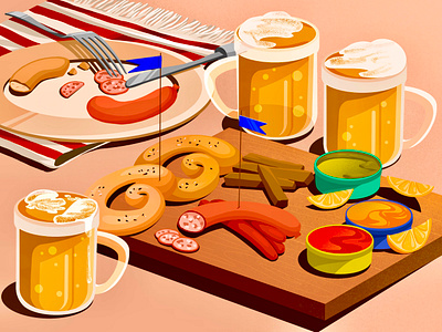 Favourite drinks art artwork beer drink food illustration illustration art pretzels sausages