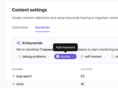 Settings Callout - AI-Powered Content Discovery ai ai powered call out callout content settings figma keywords minimal pills product design purple saas settings tags tooltip ui ui design ux design web