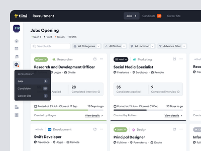 Tiimi - Recruitment: Job Openings and Details for HR Systems candidate career company dashboard employee hiring hr hrd hrm hrms human resources job product design recruitment saas saas design team management ui ux web design