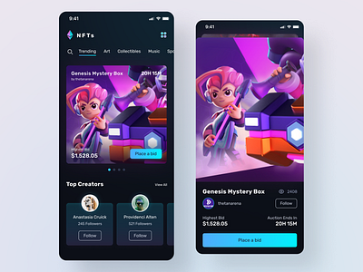 NFT Marketplace Auction Mobile App app app ui design auction bitcoin crypto dark ethereum marketplace mobile nft nft app nft marketplace trading ui ux