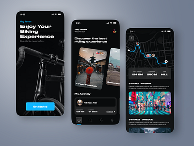 Cycling App app design bicycle clean design community cycling dark mode dark theme events ios map mapping ui ux work out