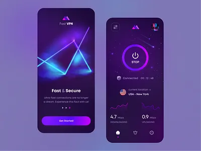 Fast VPN Mobile App connected connection cyber cyber security dark app dark mode mobile app neon neon style network privacy proxy security security threat shield ui design vpn vpn app vpn design vpn ui