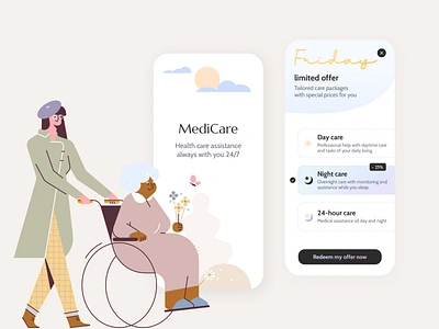 Medicare - providing medical support for you app assistance care design disability discount friday health illustration interface limited medical mobile offer packages plans ui ux walk wheelchair