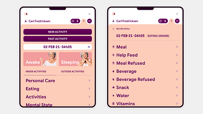 Caremate App - Inserting Activity activities activity branding healthcare log mobile app design pastel colors registers tablet app user interface design