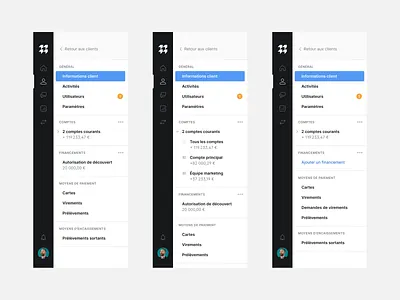Banker interface navigation for Memo Bank app back office bank design navigation product sidebar ui